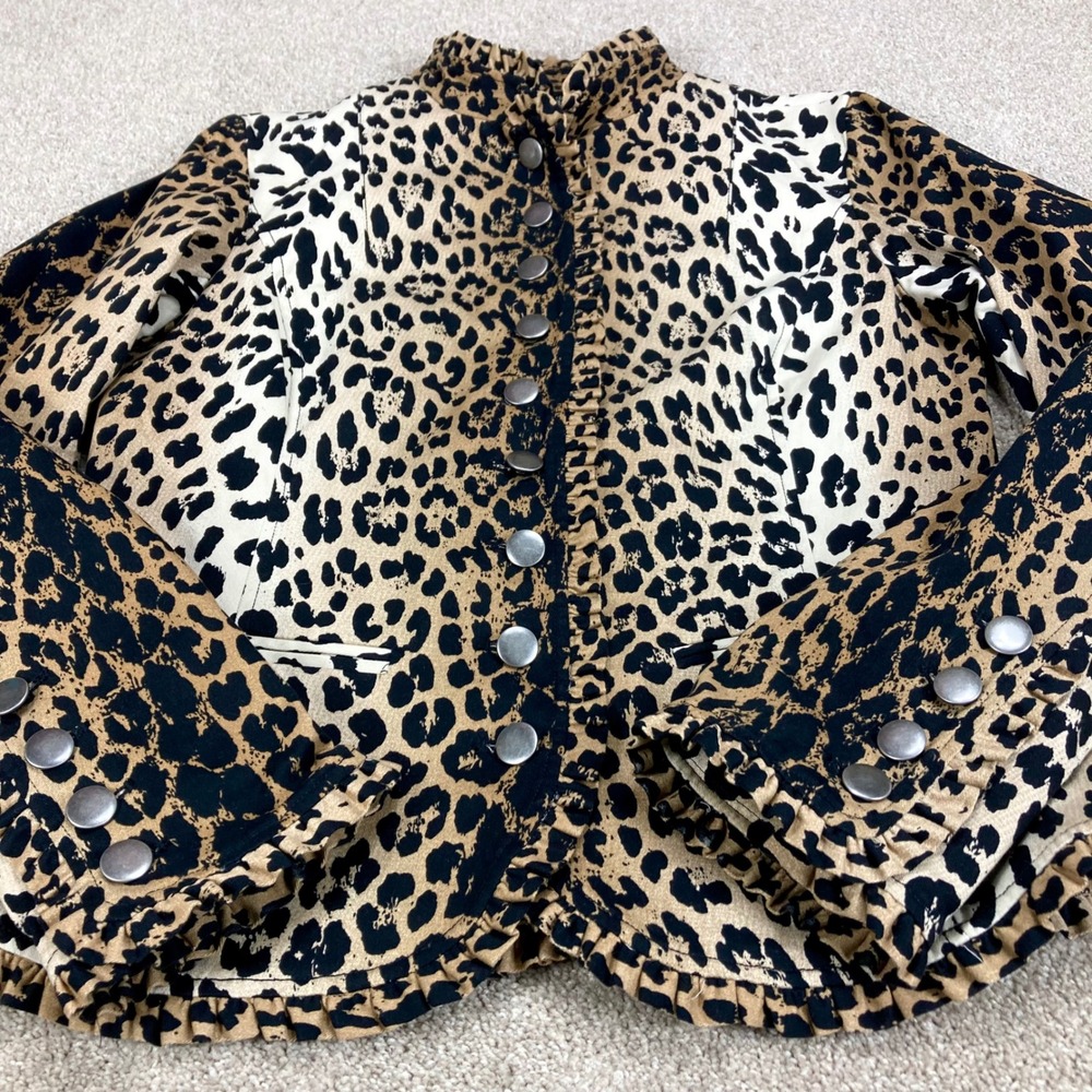 Peck & Peck Leopard Print Blazer Women Sz 10 Tan Black Ruffle Trim Edgy Mob Wife - Picture 15 of 15